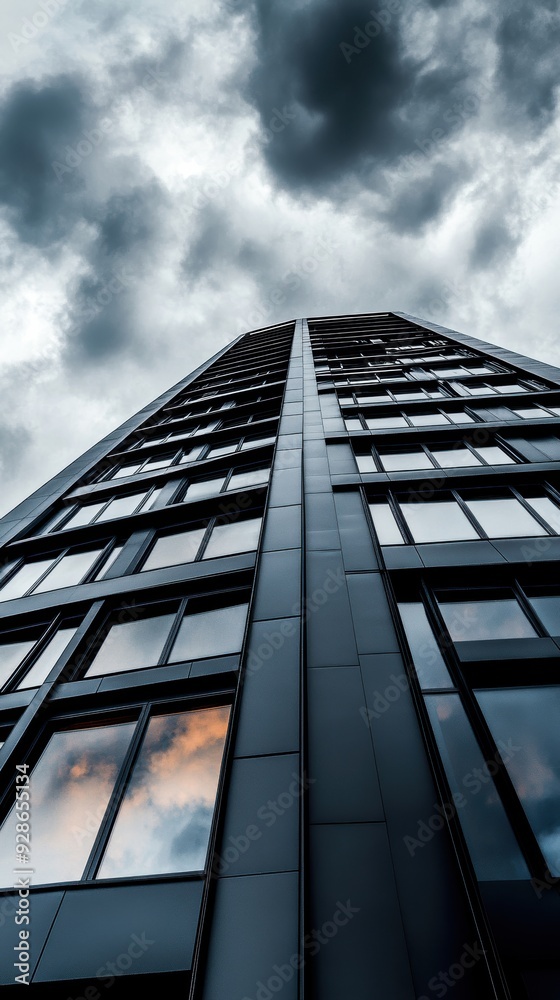 Obraz premium A dramatic view of a modern skyscraper under a stormy sky, showcasing reflective glass and sleek architectural design.