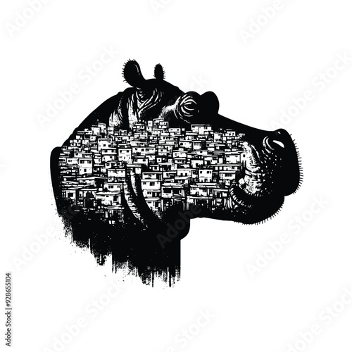 silhouette of Hippo filled with ghetto street in rough drawing,