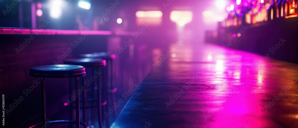 Vibrant nightlife scene featuring barstools and colorful neon lights illuminating a stylish lounge atmosphere. Vibrant nightlife scene featuring barstools and colorful neon lights illuminating a stylish lounge atmosphere.