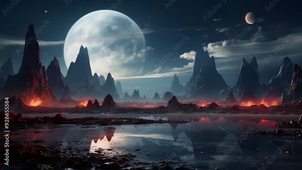 A breathtaking view of a surreal landscape with towering mountains, a glowing moon, and a still lake reflecting the celestial beauty. A breathtaking view of a surreal landscape with towering mountains, a glowing moon, and a still lake reflecting the celestial beauty.