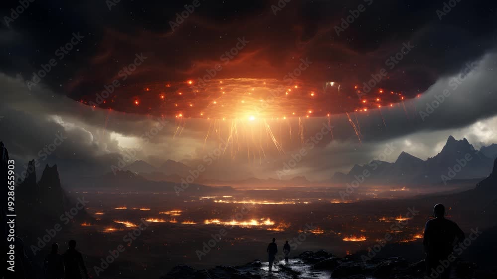 A fiery, apocalyptic scene with a giant, glowing object in the sky ...