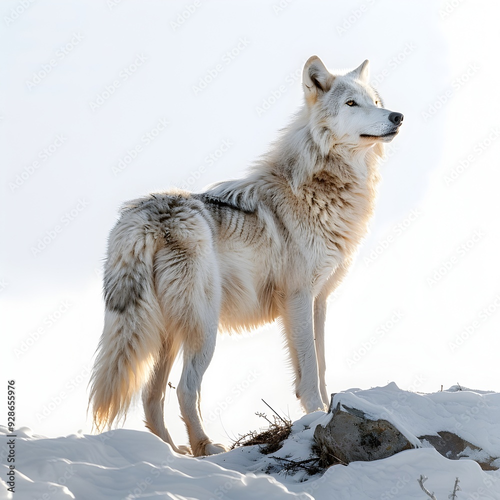 Obraz premium Majestic Wolf Standing on Snowy Hill Fur Blowing in the Wind Isolated on White Background