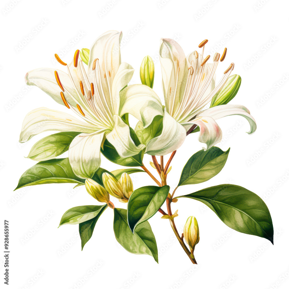 Two white lilies with green leaves and buds isolated on transparency PNG background, artistically illustrated against a black background, suitable for floral-themed projects, botanical prints Two white lilies with green leaves and buds isolated on transparency PNG background, artistically illustrated against a black background, suitable for floral-themed projects, botanical prints