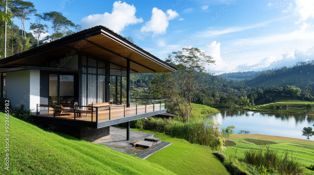 Secluded modern cabin with outdoor bench by rice field, nature living Secluded modern cabin with outdoor bench by rice field, nature living