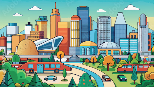 A vector illustration of a bustling cityscape with modern skyscrapers, parks, and vehicles. The design should have a flat, clean style with a variety of colors representing different times of the day,