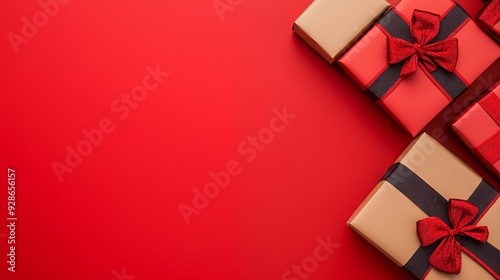 Gift boxes with red bows on a red background, with copy space.