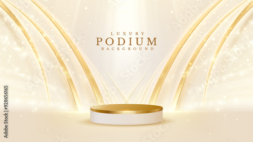 Empty golden podium for banner product presentation with glitter light effects decorations and bokeh.