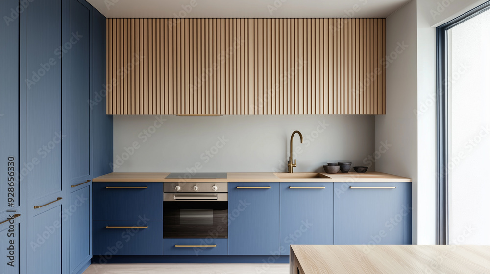 Fototapeta premium A minimalist blue kitchen with a light wood slat backsplash, white walls, brass hardware, and a wood floor