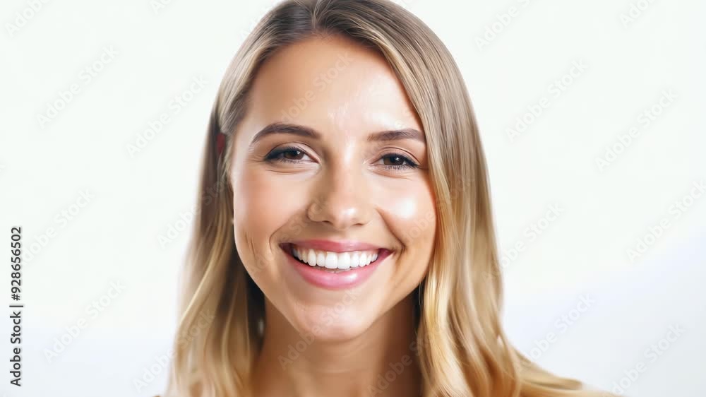 Young Caucasian woman with blonde hair smiling brightly on white background Young Caucasian woman with blonde hair smiling brightly on white background