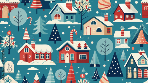 A vector illustration of a seasonal holiday scene, such as a winter wonderland with snow-covered trees, festive decorations, and cozy houses. The design should have a whimsical and cheerful feel, usin
