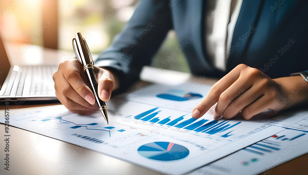hand holding pen reviewing financial charts graphs paper symbolizing data analysis strategic planning hand holding pen reviewing financial charts graphs paper symbolizing data analysis strategic planning