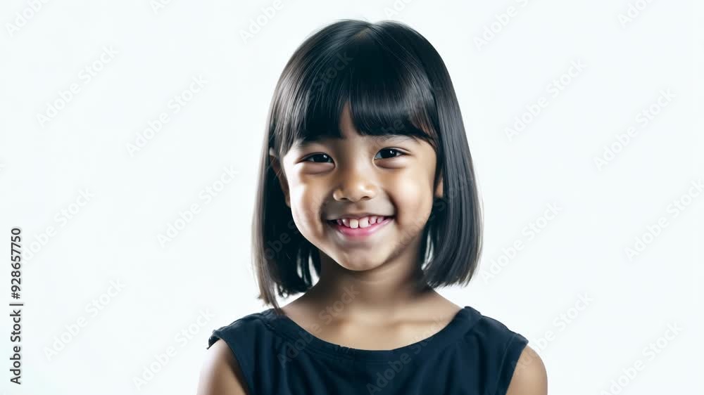 Asian girl with short hair smiling shyly on white background Asian girl with short hair smiling shyly on white background