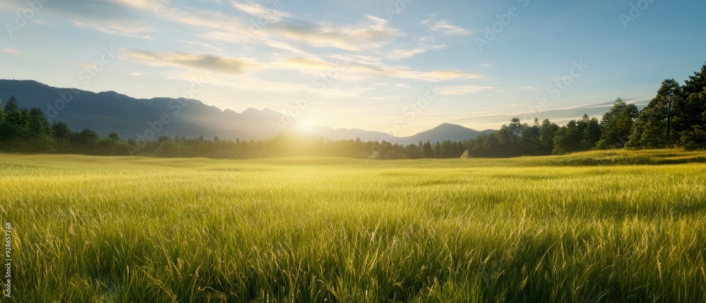 Naklejka premium A serene landscape featuring lush green fields and a breathtaking sunset over distant mountains.