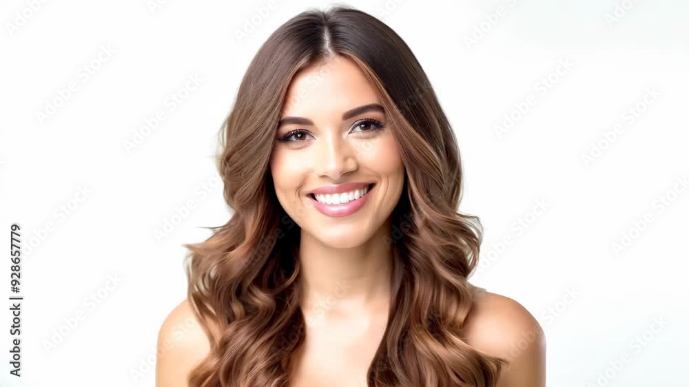 Young Caucasian woman with wavy brown hair smiling confidently on white background Young Caucasian woman with wavy brown hair smiling confidently on white background