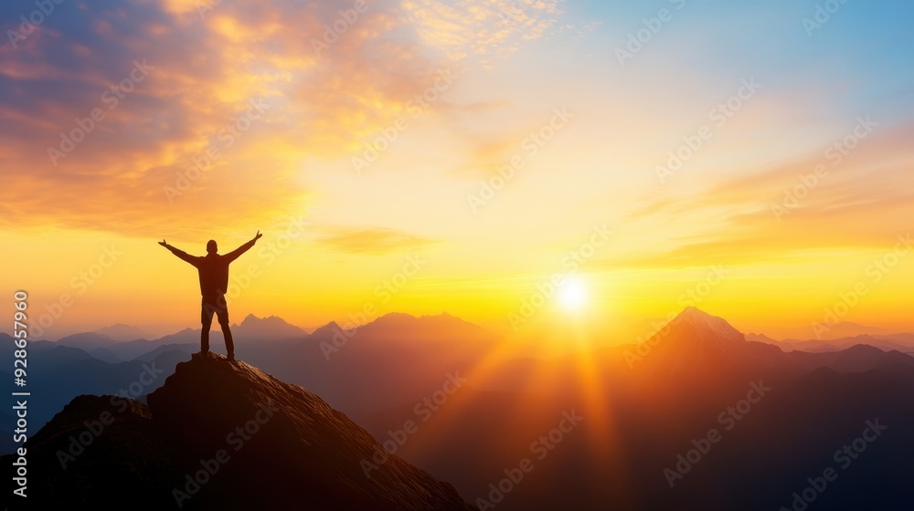 A person stands on a mountain peak during sunrise, celebrating nature's beauty and feeling a sense of freedom and achievement. A person stands on a mountain peak during sunrise, celebrating nature's beauty and feeling a sense of freedom and achievement.