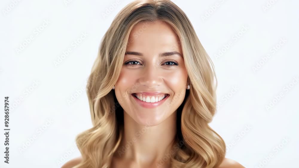 Young Caucasian woman with blonde hair smiling brightly on white background Young Caucasian woman with blonde hair smiling brightly on white background