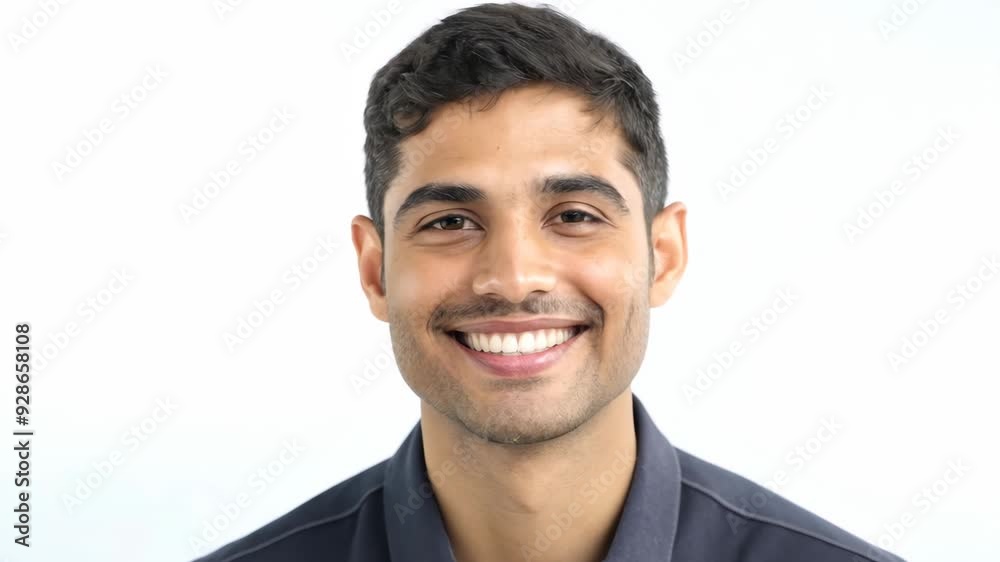 Middle Eastern man with short hair smiling confidently on white background Middle Eastern man with short hair smiling confidently on white background
