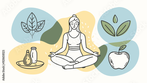 A set of vector illustrations featuring healthy lifestyle concepts, including yoga, meditation, balanced diet, and exercise. The designs should be clean and modern, with a soft color palette of greens
