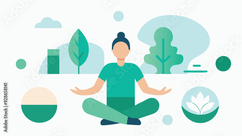 A set of vector illustrations featuring healthy lifestyle concepts, including yoga, meditation, balanced diet, and exercise. The designs should be clean and modern, with a soft color palette of greens