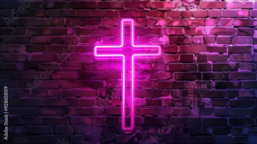 pink glowing christian cross on brick wall background