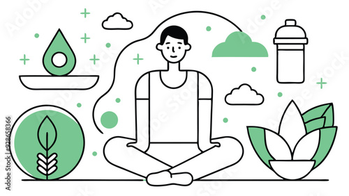 A set of vector illustrations featuring healthy lifestyle concepts, including yoga, meditation, balanced diet, and exercise. The designs should be clean and modern, with a soft color palette of greens