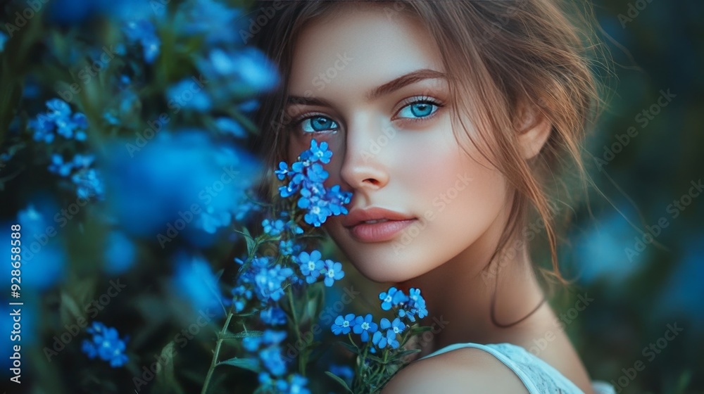 Lady with blue flowers Lady with blue flowers