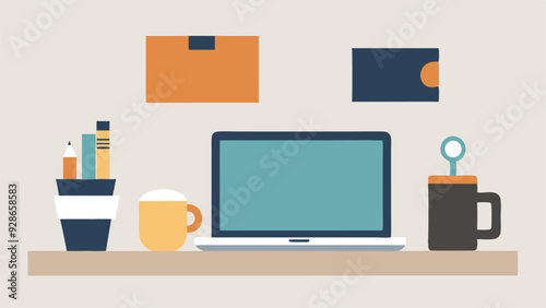 A vector illustration of a workspace with a laptop, coffee mug, and office supplies on a desk.