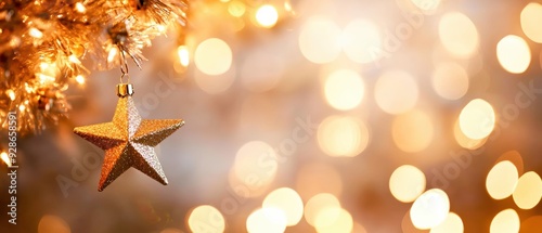 A beautiful golden star ornament hanging on a Christmas tree, surrounded by warm glowing lights, creating a festive atmosphere.