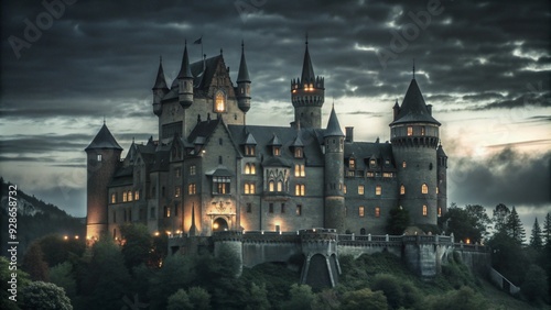 A grand, stone castle stands tall against a dramatic, cloudy sky, its windows glowing with warm light.