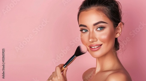 Beautiful young woman applying makeup with a brush on a pink background.