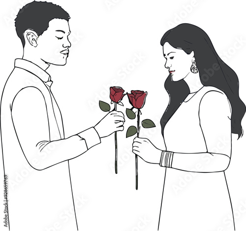Valentine's Day couple holding rose in hands vector line art illustration, love, wedding couple, couple with rose.