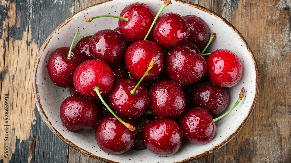 Many cherries in a dish on wood. Many cherries in a dish on wood.