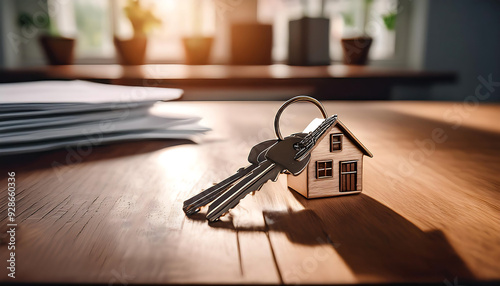 house keys resting wooden table symbolizing home ownership important documents background