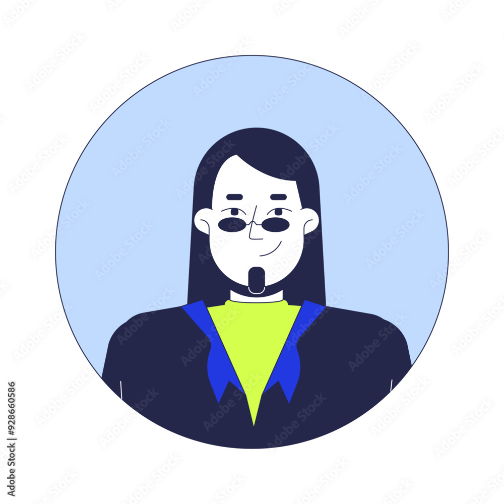 Sunglasses man with beard goatee 2D linear vector avatar illustration. Caucasian male long haired cartoon character face portrait. Corporate employee casual flat color user profile image isolated Sunglasses man with beard goatee 2D linear vector avatar illustration. Caucasian male long haired cartoon character face portrait. Corporate employee casual flat color user profile image isolated