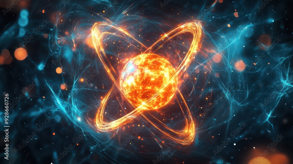Obraz premium Macro view of electron movement within a stylized atom, glowing nucleus surrounded by energy waves, science and technology concept