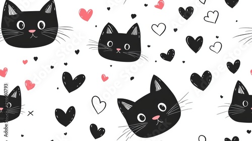 This delightful pattern features cute black cat faces encircled by vibrant hearts, making it ideal for cat lovers and design enthusiasts who appreciate charming elements in their work photo