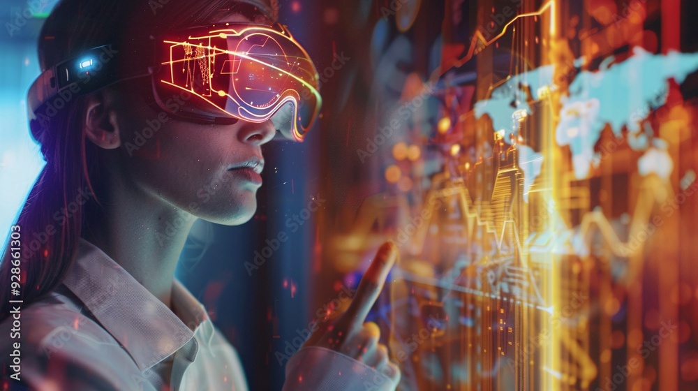 Young woman wearing virtual reality goggles. Future technology concept. 3D Rendering. Young woman wearing virtual reality goggles. Future technology concept. 3D Rendering.