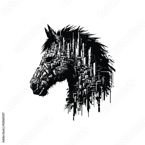 silhouette of Horse filled with destroyed futuristic dystopia environment in rough drawing,