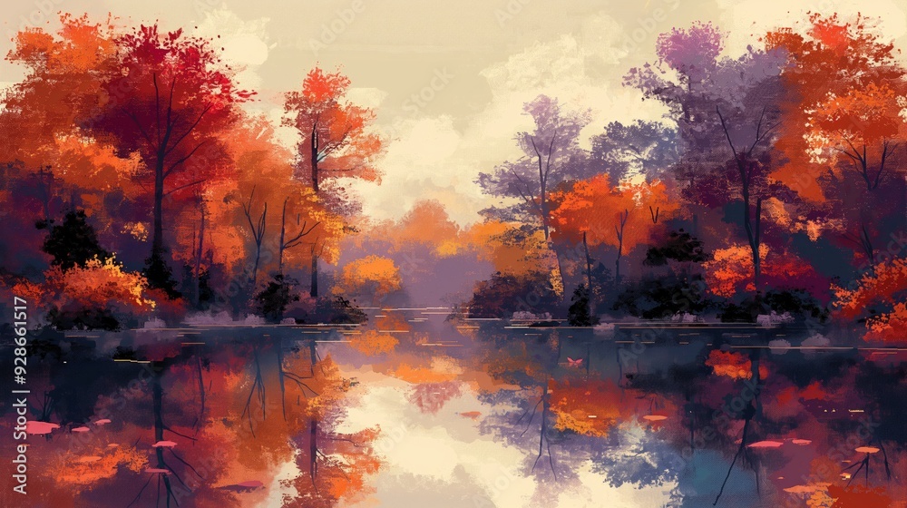 Autumn Lake Reflection - Peaceful Forest Landscape Autumn Lake Reflection - Peaceful Forest Landscape