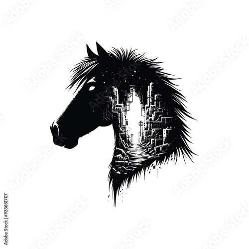 silhouette of Horse filled with destroyed futuristic dystopia environment in rough drawing,