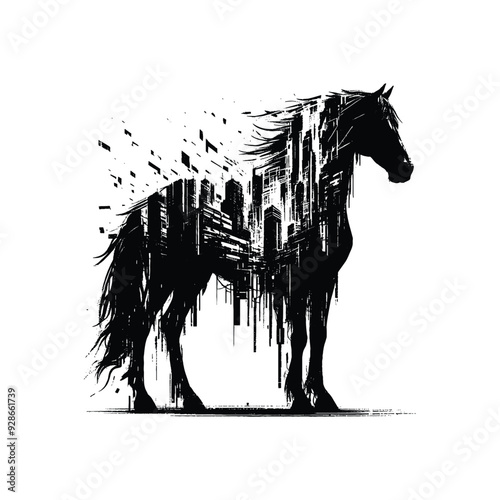 silhouette of Horse filled with destroyed futuristic dystopia environment in rough drawing,