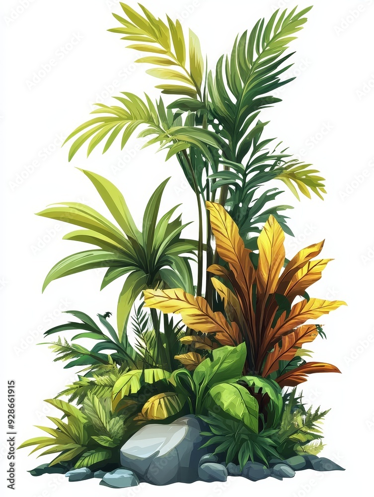 Fototapeta premium Lush Tropical Foliage with a Rock