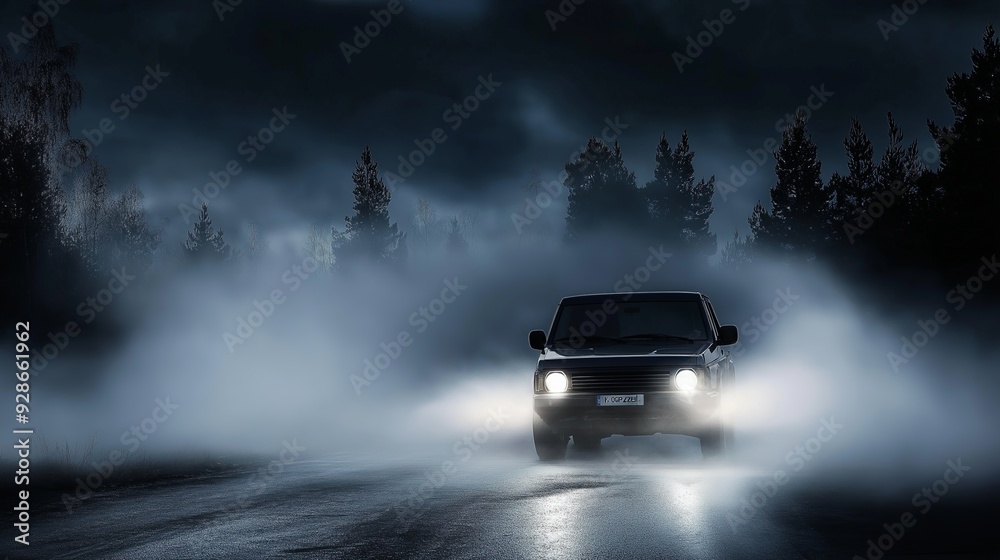 Car Driving Through Foggy Forest at Night Car Driving Through Foggy Forest at Night