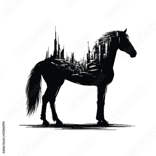 silhouette of Horse filled with destroyed futuristic dystopia environment in rough drawing,