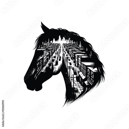 silhouette of Horse filled with ghetto street in rough drawing,