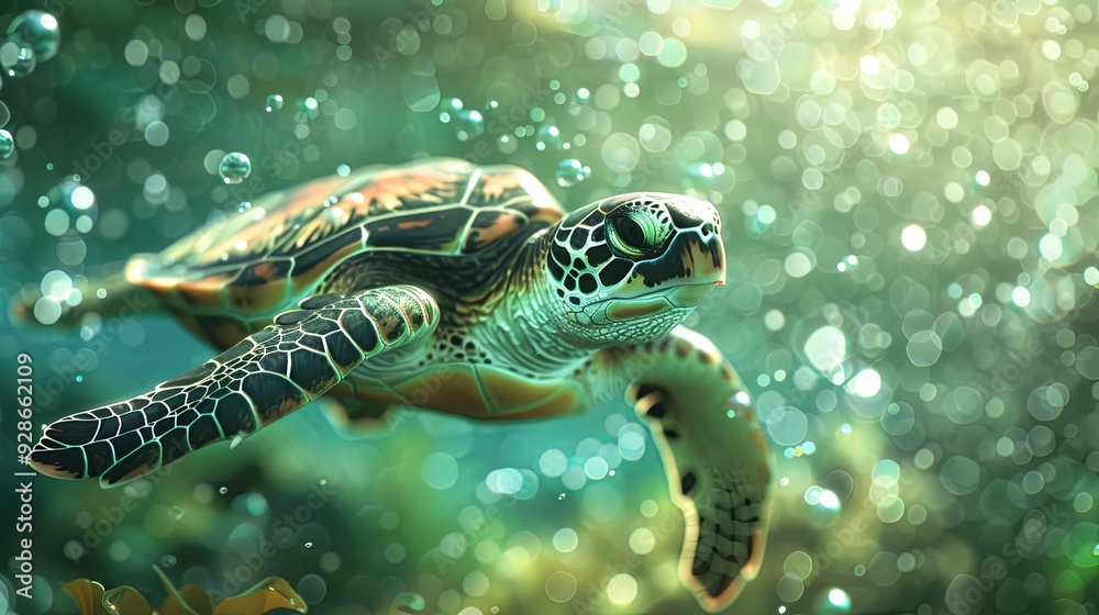 Beautiful turtle swims underwater environment Beautiful turtle swims underwater environment