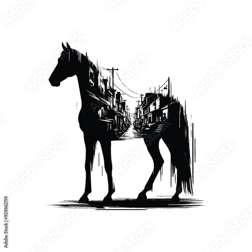 silhouette of Horse filled with ghetto street in rough drawing,