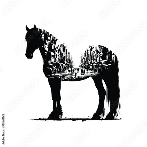 silhouette of Horse filled with ghetto street in rough drawing,