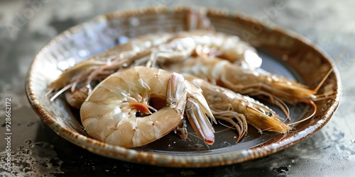 Plate with peeled raw whiteleg shrimp photo