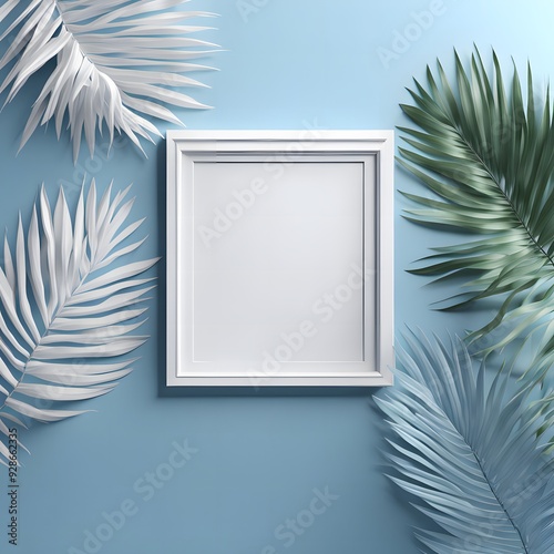 blank white photo frame with realistic leaves